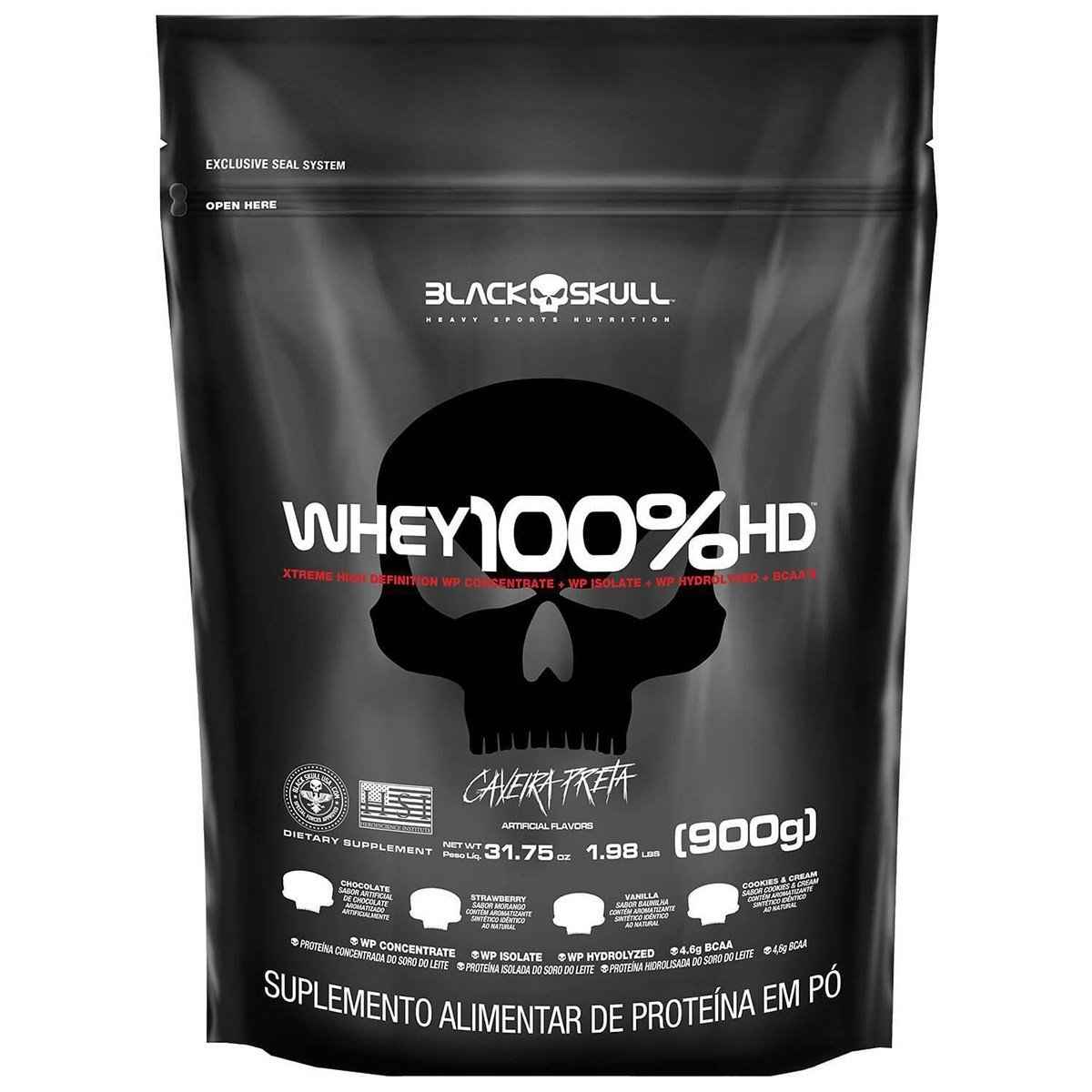 WHEY 100% HD REFIL BLACK SKULL 900G SABOR MORANGO (Imagem Principal)